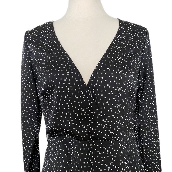 White Fox Women's Black/White Polka Dot Long Bell Sleeve Ruffle Mini Dress XL - Picture 3 of 6